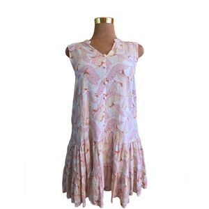 ​Nine West XL Tropical Feather Print Sleeveless Button-Front Tiered Rayon Dress